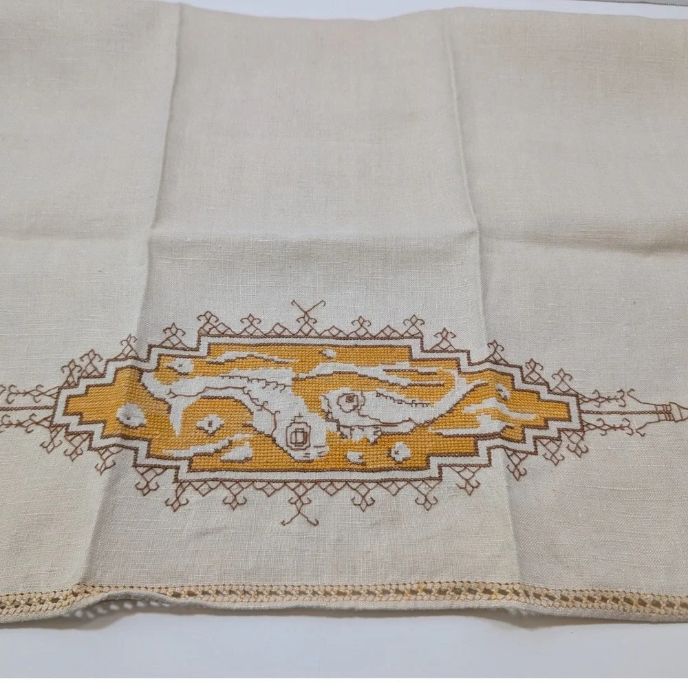 Vtg Linen‎ Hand Towel Cross Stitch Embroidery Yellow Brown Geometric 25x16 MCM